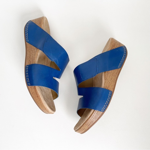 Dansko Lacee Platform Sandal Slide Shoe Cobalt Blue Burnished Leather Open Toe - Picture 4 of 12